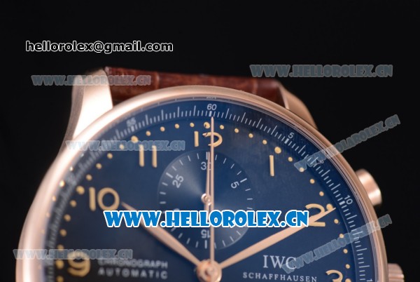 IWC Portugieser Chronograph Swiss Valjoux 7750 Automatic Rose Gold Case with Black Dial Arabic Number Markers and Brown Leather Strap - Click Image to Close