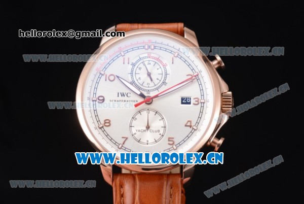 IWC Portugieser Yacht Club Asia ST25 Automatic Rose Gold Case with Silver Dial Arabic Numeral Markers and Brown Leather Strap - Click Image to Close