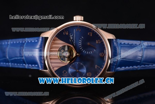 IWC Portuguese Tourbillon Asia ST25 Automatic Rose Gold Case with Blue Dial Arabic Numeral Markers and Blue Leather Strap - Click Image to Close