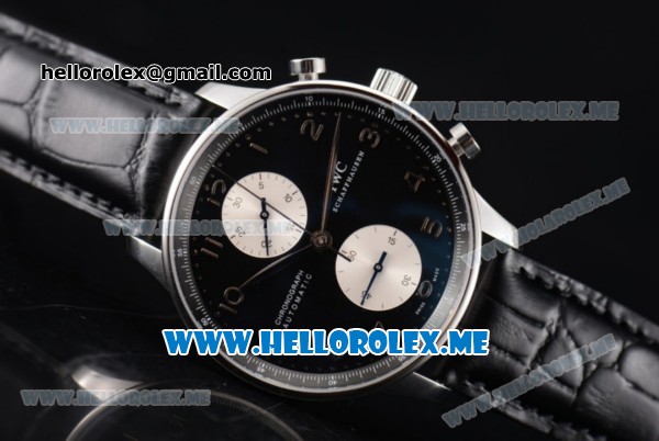 IWC Portuguese Chrono Swiss Valjoux 7750 Automatic Steel Case with Black Dial and Black Leather Strap Arabic Numeral Markers (ZF) - Click Image to Close