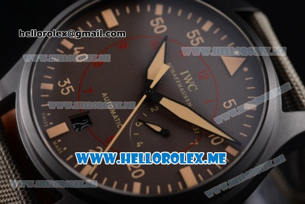 IWC Big Pilot Top Gun Miramar Edition Clone IWC 521111 Automatic Ceramic Case with Brown Dial and Army Green Leather Strap Stick/Arabic Numeral Markers - Click Image to Close