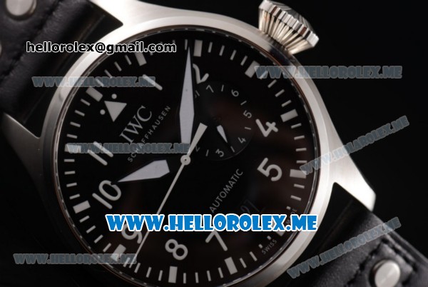 IWC Big Pilot Clone IWC 51111 Automatic Steel Case with Black Dial White Hands and Black Leather Strap Arabic Numeral Markers - Click Image to Close