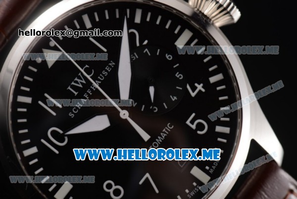 IWC Big Pilot Clone IWC 51111 Automatic Steel Case with Black Dial White Hands and Brown Leather Strap Arabic Numeral Markers - Click Image to Close