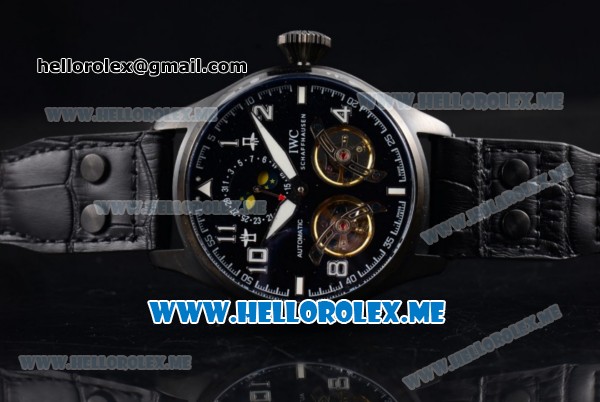 IWC Big Pilot Double Tourbillon Asia ST28 Automatic PVD Case with Black Dial and Black Leather Strap Stick/Arabic Numeral Markers - Click Image to Close