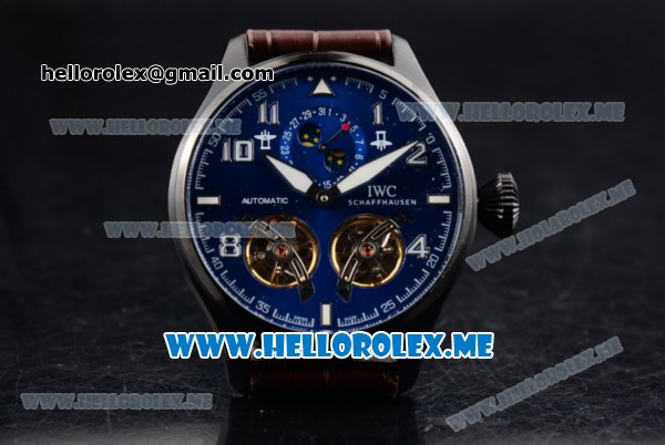 IWC Big Pilot Double Tourbillon Asia ST28 Automatic PVD Case with Blue Dial and Brown Leather Strap Stick/Arabic Numeral Markers - Click Image to Close