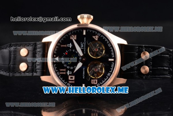 IWC Big Pilot Double Tourbillon Asia ST28 Automatic Rose Gold Case with Black Dial and Black Leather Strap Stick/Arabic Numeral Markers - Click Image to Close