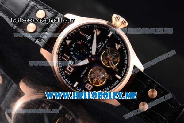 IWC Big Pilot Double Tourbillon Asia ST28 Automatic Rose Gold Case with Black Dial and Black Leather Strap Stick/Arabic Numeral Markers - Click Image to Close