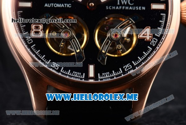 IWC Big Pilot Double Tourbillon Asia ST28 Automatic Rose Gold Case with Black Dial and Black Leather Strap Stick/Arabic Numeral Markers - Click Image to Close