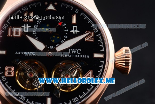 IWC Big Pilot Double Tourbillon Asia ST28 Automatic Rose Gold Case with Black Dial and Black Leather Strap Stick/Arabic Numeral Markers - Click Image to Close