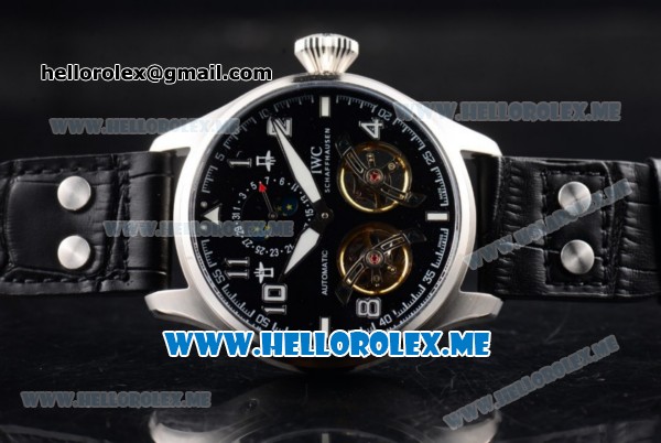 IWC Big Pilot Double Tourbillon Asia ST28 Automatic Steel Case with Black Dial and Black Leather Strap Stick/Arabic Numeral Markers - Click Image to Close