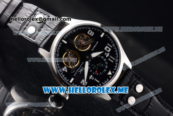 IWC Big Pilot Double Tourbillon Asia ST28 Automatic Steel Case with Black Dial and Black Leather Strap Stick/Arabic Numeral Markers - Click Image to Close