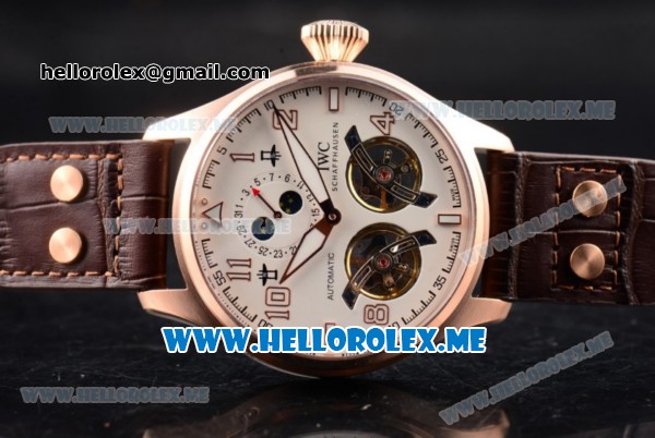 IWC Big Pilot Double Tourbillon Asia ST28 Automatic Rose Gold Case with White Dial and Brown Leather Strap Stick/Arabic Numeral Markers - Click Image to Close