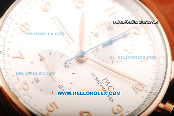 IWC Portuguese Chronograph Swiss Valjoux 7750 Automatic Movement Rose Gold Case with Arabic Numeral Markers and Leather Strap - Click Image to Close