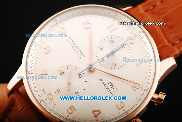 IWC Portuguese Chronograph Swiss Valjoux 7750 Automatic Movement Rose Gold Case with Arabic Numeral Markers and Leather Strap - Click Image to Close