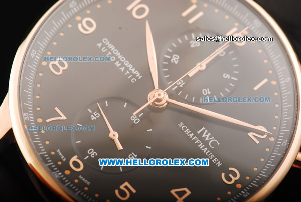 IWC Portuguese Chronograph Swiss Valjoux 7750 Automatic Movement Rose Gold Case with Black Dial and Black Leather Strap - Click Image to Close