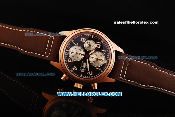 IWC Pilot's Watch Chronograph Swiss Valjoux 7750 Automatic Movement Rose Gold Case with Brown Dial and Brown Leather Strap - Click Image to Close