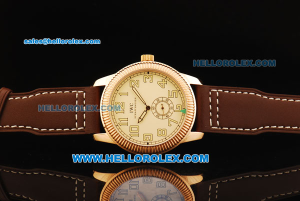 IWC Pilot's Watch Asia Manual Winding Movement Rose Gold Case with Beige Dial and Brown Leather Strap - Click Image to Close