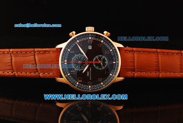 IWC Portuguese Yacht Club Chronograph Quartz Movement Rose Gold Case with Brown Dial and Leather Strap - Click Image to Close