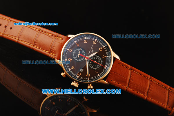 IWC Portuguese Yacht Club Chronograph Quartz Movement Rose Gold Case with Brown Dial and Leather Strap - Click Image to Close