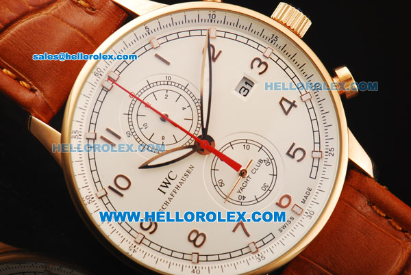 IWC Portuguese Yacht Club Chronograph Quartz Movement Rose Gold Case with White Dial and Leather Strap - Click Image to Close