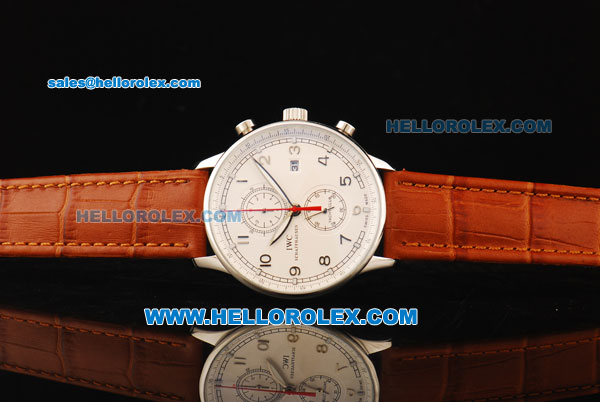 IWC Portuguese Yacht Club Chronograph Miyota Quartz Movement Steel Case with White Dial and Leather Strap - Click Image to Close