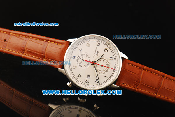 IWC Portuguese Yacht Club Chronograph Miyota Quartz Movement Steel Case with White Dial and Leather Strap - Click Image to Close