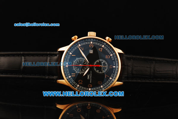 IWC Portuguese Yacht Club Chronograph Miyota Quartz Movement Rose Gold Case with Black Dial and Black Leather Strap - Click Image to Close