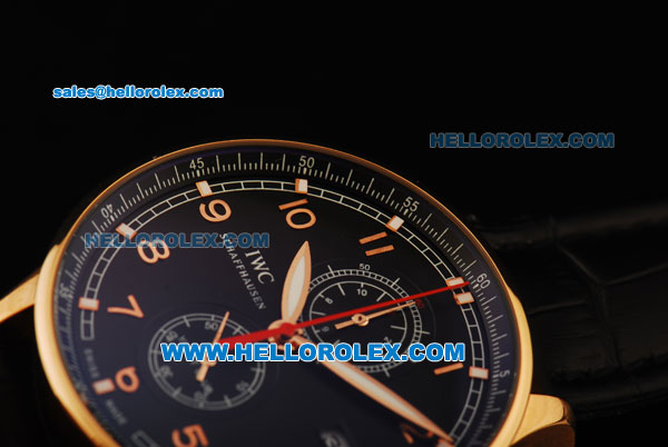 IWC Portuguese Yacht Club Chronograph Miyota Quartz Movement Rose Gold Case with Black Dial and Black Leather Strap - Click Image to Close