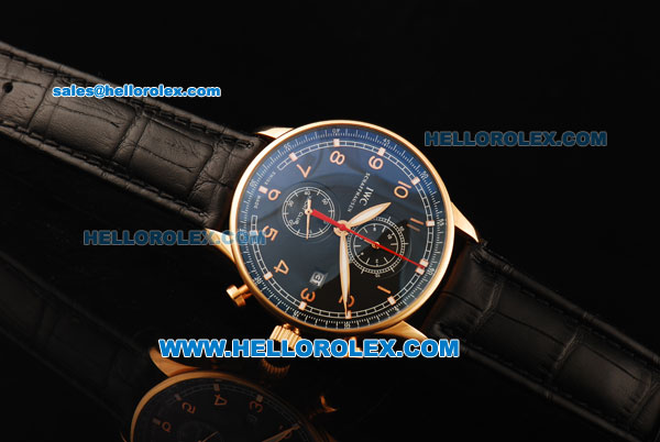 IWC Portuguese Yacht Club Chronograph Miyota Quartz Movement Rose Gold Case with Black Dial and Black Leather Strap - Click Image to Close