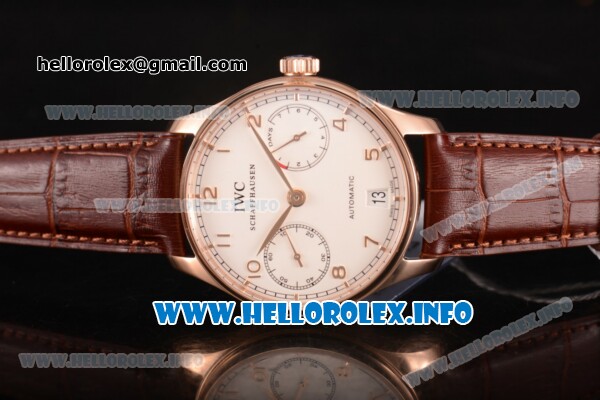 IWC Portuguese Power Reserve Clone IWC 52010 Automatic Rose Gold Case with White Dial and Brown Leather Strap - Arabic Numeral Markers (ZF) - Click Image to Close