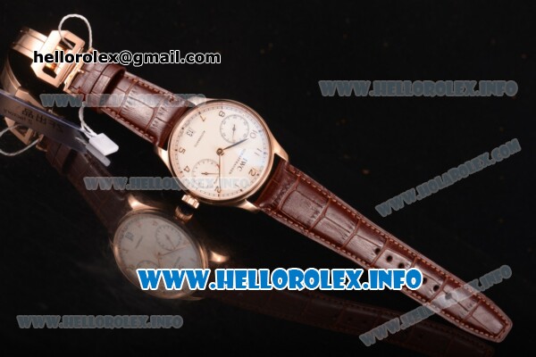 IWC Portuguese Power Reserve Clone IWC 52010 Automatic Rose Gold Case with White Dial and Brown Leather Strap - Arabic Numeral Markers (ZF) - Click Image to Close