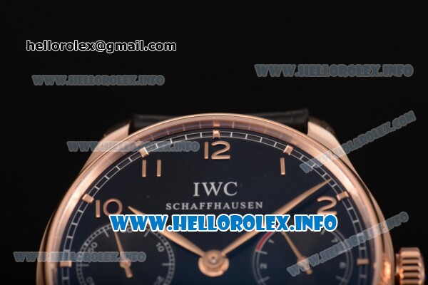 IWC Portuguese Power Reserve Clone IWC 52010 Automatic Rose Gold Case with Black Dial and Leather Strap - Arabic Numeral Markers (ZF) - Click Image to Close