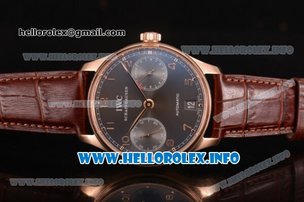 IWC Portuguese Power Reserve Clone IWC 52010 Automatic Rose Gold Case with Grey Dial and Brown Leather Strap - Arabic Numeral Markers (ZF) - Click Image to Close