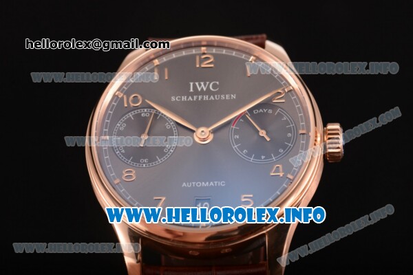 IWC Portuguese Power Reserve Clone IWC 52010 Automatic Rose Gold Case with Grey Dial and Brown Leather Strap - Arabic Numeral Markers (ZF) - Click Image to Close