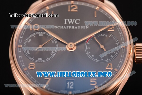 IWC Portuguese Power Reserve Clone IWC 52010 Automatic Rose Gold Case with Grey Dial and Brown Leather Strap - Arabic Numeral Markers (ZF) - Click Image to Close