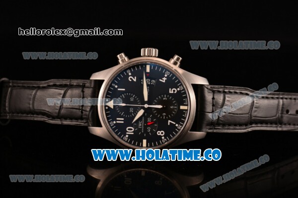 IWC Pilot's Watch Chrono Swiss Valjoux 7750 Automatic Steel Case with White Arabic Numeral Markers Black Leather Strap and Black Dial - Click Image to Close