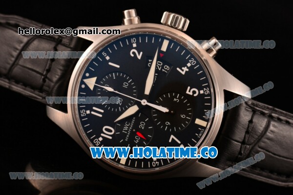 IWC Pilot's Watch Chrono Swiss Valjoux 7750 Automatic Steel Case with White Arabic Numeral Markers Black Leather Strap and Black Dial - Click Image to Close
