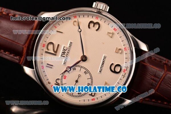 IWC Portugieser Hand-Wound Asia 6497 Manual Winding Steel Case with White Dial Brown Leather Strap and Silver Arabic Numeral Markers - Click Image to Close