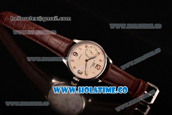 IWC Portugieser Hand-Wound Asia 6497 Manual Winding Steel Case with White Dial Brown Leather Strap and Silver Arabic Numeral Markers - Click Image to Close