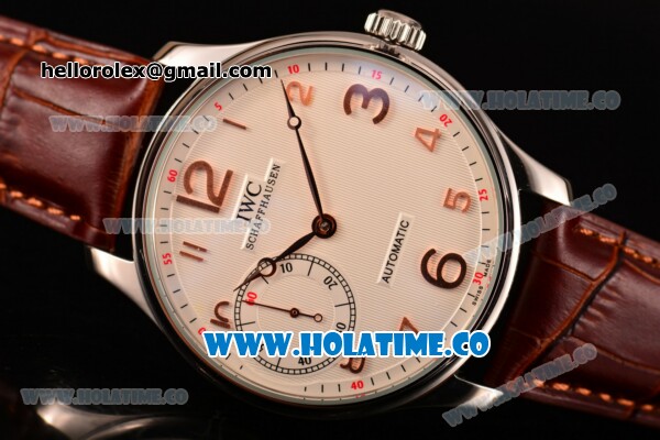 IWC Portugieser Hand-Wound Asia 6497 Manual Winding Steel Case with White Dial Brown Leather Strap and Rose Gold Arabic Numeral Markers - Click Image to Close