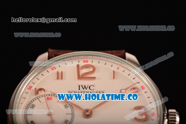 IWC Portugieser Hand-Wound Asia 6497 Manual Winding Steel Case with White Dial Brown Leather Strap and Rose Gold Arabic Numeral Markers - Click Image to Close