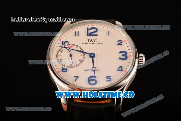 IWC Portugieser Hand-Wound Asia 6497 Manual Winding Steel Case with White Dial Black Leather Strap and Blue Arabic Numeral Markers - Click Image to Close