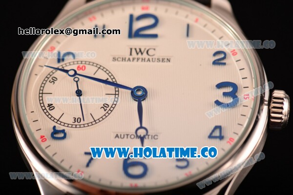 IWC Portugieser Hand-Wound Asia 6497 Manual Winding Steel Case with White Dial Black Leather Strap and Blue Arabic Numeral Markers - Click Image to Close
