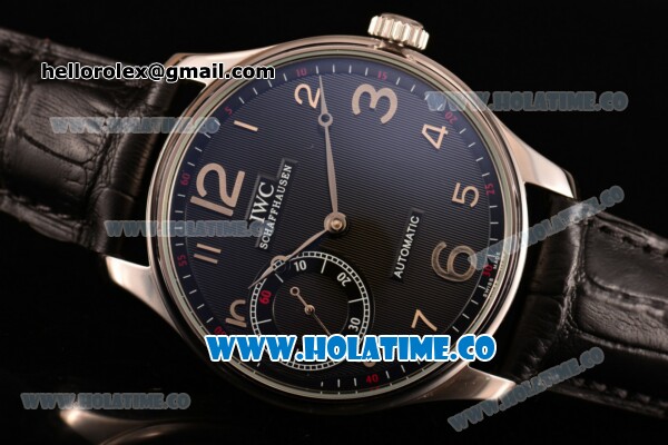 IWC Portugieser Hand-Wound Asia 6497 Manual Winding Steel Case with Black Dial Black Leather Strap and Silver Arabic Numeral Markers - Click Image to Close