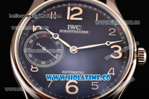 IWC Portugieser Hand-Wound Asia 6497 Manual Winding Steel Case with Black Dial Black Leather Strap and Silver Arabic Numeral Markers - Click Image to Close