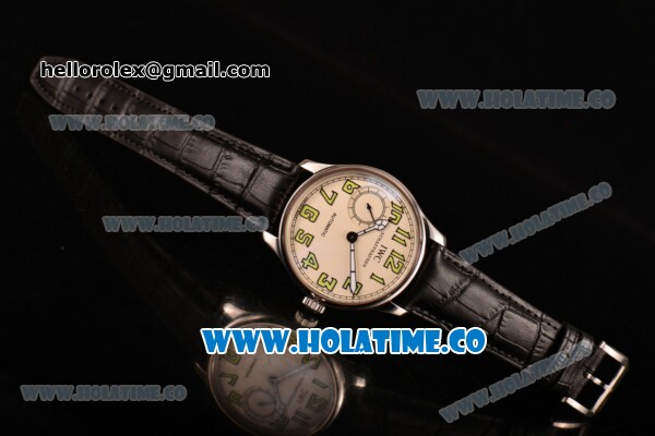 IWC Portugieser Hand-Wound Asia 6497 Manual Winding Steel Case with White Dial Black Leather Strap and Green Arabic Numeral Markers - Click Image to Close