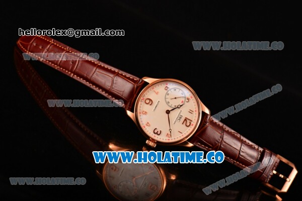 IWC Portugieser Hand-Wound Asia 6497 Manual Winding Rose Gold Case with White Dial Brown Leather Strap and Arabic Numeral Markers - Click Image to Close