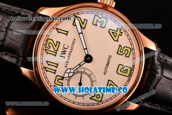 IWC Portugieser Hand-Wound Asia 6497 Manual Winding Rose Gold Case with White Dial Black Leather Strap and Green Arabic Numeral Markers - Click Image to Close