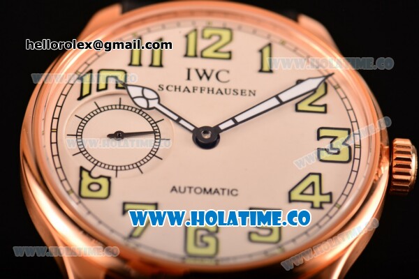 IWC Portugieser Hand-Wound Asia 6497 Manual Winding Rose Gold Case with White Dial Black Leather Strap and Green Arabic Numeral Markers - Click Image to Close