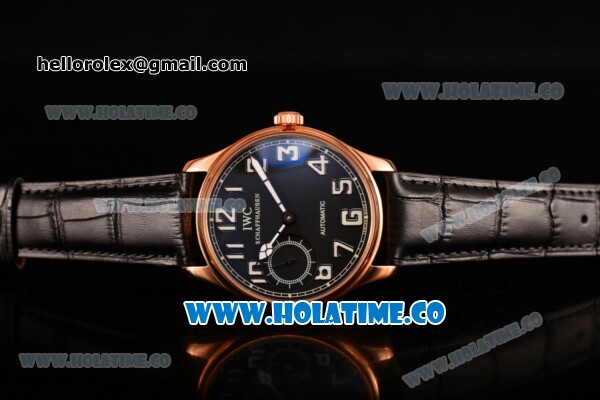IWC Portugieser Hand-Wound Asia 6497 Manual Winding Rose Gold Case with Black Dial Black Leather Strap and White Arabic Numeral Markers - Click Image to Close